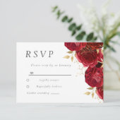 Romantische rode rozen gouden blad bruiloft RSVP kaartje (Staand voorkant)