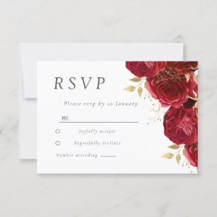 Romantische rode rozen gouden blad bruiloft RSVP kaartje