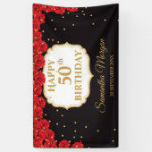 Romantische rode rozen goudglitter zwarte Brithday Spandoek (Verticaal)
