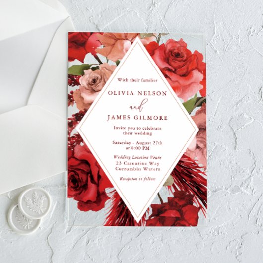 Romantische rode rozen moderne bruiloft acryl uitnodigingen