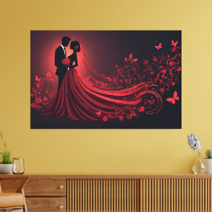Romantische rode trouwsilhouet van bruid en bruide canvas afdruk