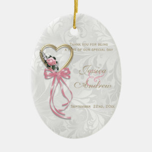 Romantische Roos, Gouden Hart & Roze Lint Keramisch Ornament