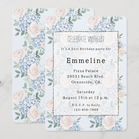 Romantische roze blauwe bloemen Verjaardag Kaart (Voorkant / Achterkant)