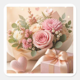 Romantische Roze Bloemige Cadeausticker Vierkante Sticker