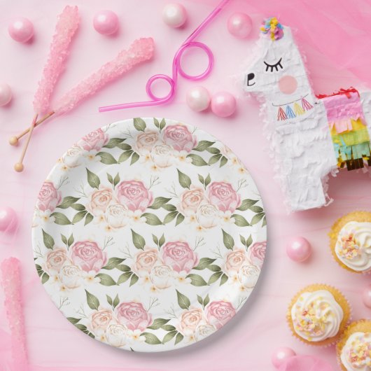 Romantische Roze Bloemige Waterverf Script Bruilof Papieren Bordje (Feest)