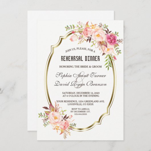 Romantische Roze Blush Bloemengoud Proefbruiloftsd Kaart (Voorkant / Achterkant)