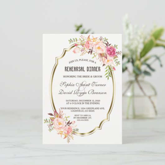 Romantische Roze Blush Bloemengoud Proefbruiloftsd Kaart (Staand voorkant)