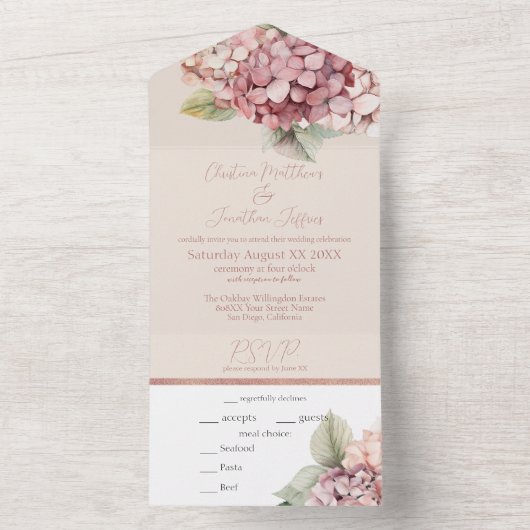 Romantische Roze & Blush Waterverf Hydrangea Flowe All In One Uitnodiging (Binnen)