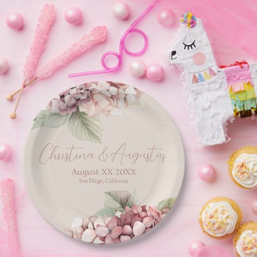 Romantische Roze & Blush Waterverf Hydrangea Flowe Papieren Bordje (Feest)