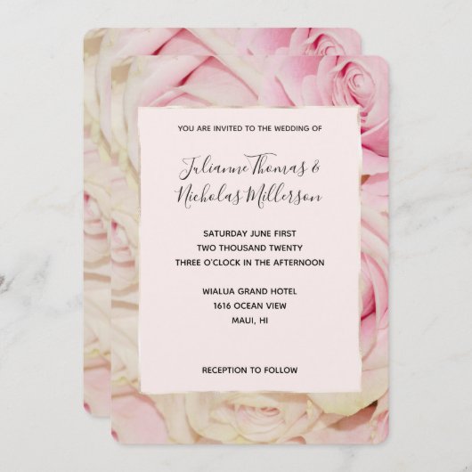 Romantische Roze Crème Rozen Huwelijksuitnodiging Kaart (Voorkant / Achterkant)