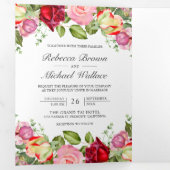 Romantische roze en rode rozen QR-code bruiloft Drieluik Uitnodiging (Binnenzijde eerst)