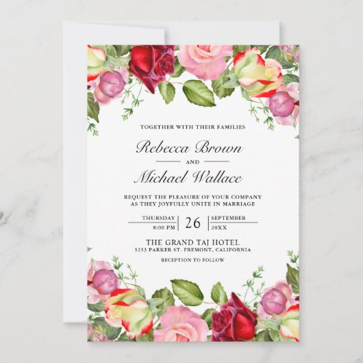 Romantische roze en rode rozen QR-code bruiloft Kaart (Voorkant)