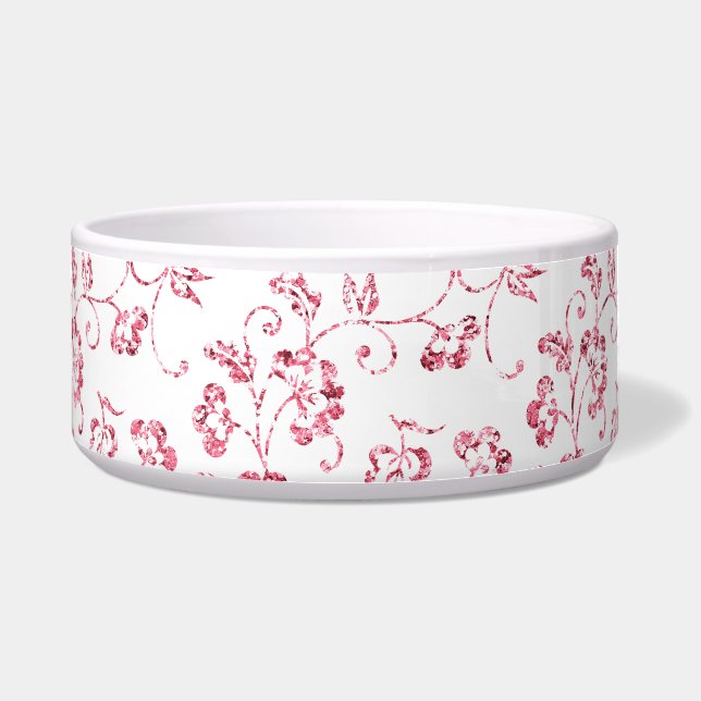 Romantische Roze Glitter Floral Voerbakje (Voorkant)