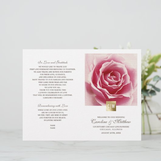 Romantische Roze | Gold Foil Wedding Programs (Staand voorkant)