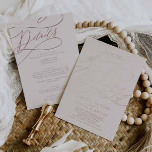 Romantische Roze Gouden Folie Roze All In One Trou Uitnodiging