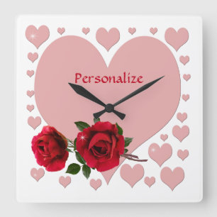 Romantische Roze Harten & Rode Rozen Personaliseer Vierkante Klok