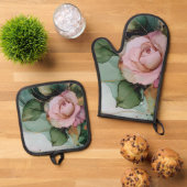 Romantische Roze Roos Bloemige Bruiloftsdouche Ovenwant & Pannenlap Set (Top down)