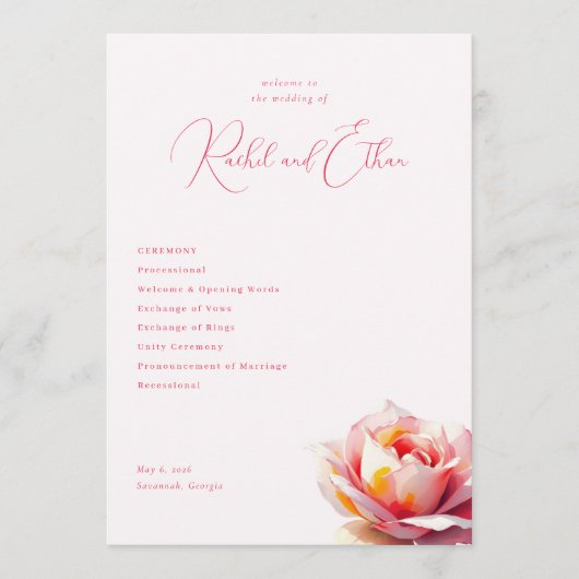Romantische Roze Roos Bruiloft Programma (Voorkant)