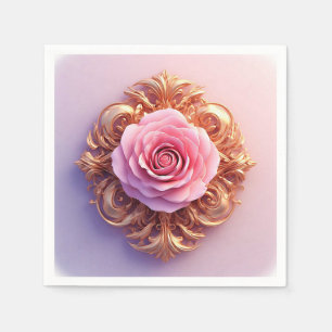 Romantische Roze Roos en Gouden Sierobject Servet