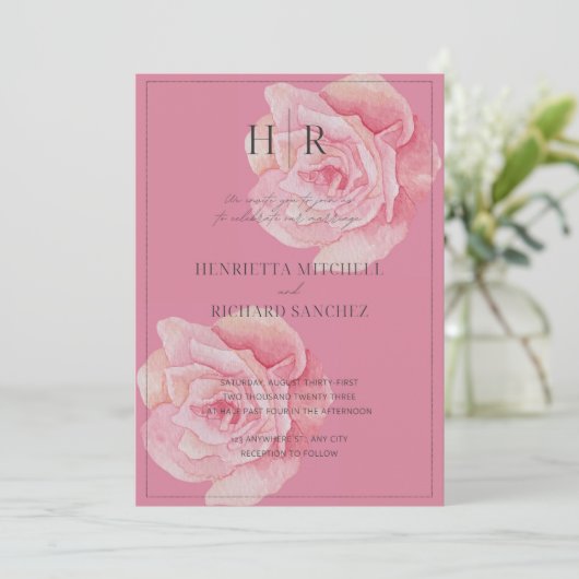 Romantische Roze Rose Huwelijksuitnodiging Kaart (Staand voorkant)