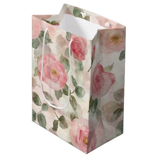 Romantische Roze Rozen Bloemrijke Bruidsdouche Medium Cadeauzakje (Voorkant Gekanteld)
