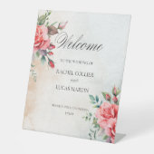 Romantische roze rozen & kalligrafie Welkom Reclamebord Met Voetstuk (Voorkant)