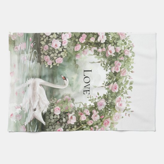 Romantische Roze Rozen Zwanenmeer Bloemrijke Bruid Theedoek (Horizontaal)