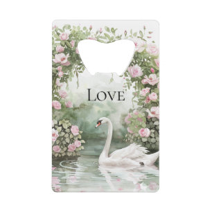 Romantische Roze Rozen Zwanenmeer Bloemstuk   Kredietkaart Flessenopener