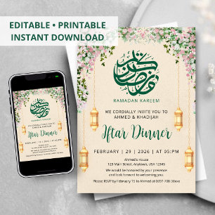 Romantische Roze Rozenkrans Ramadan Iftar Uitnodig Kaart