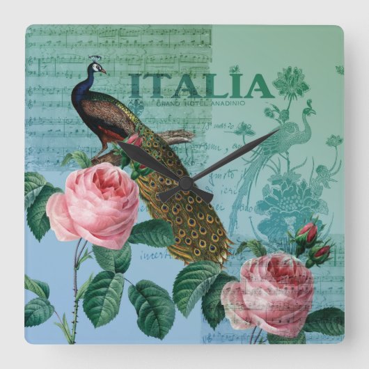 Romantische Rozen Musical Peacock Vierkante Klok (Voorkant)