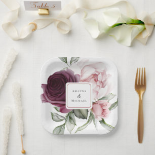 Romantische Rozen Waterverf Botanisch huwelijk Papieren Bordje