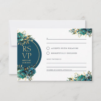 Romantische RSVP turquoise bloemen met gouden acce Kaartje