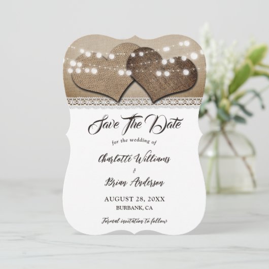 Romantische rustieke burlap hart kant bruiloft save the date (Staand voorkant)