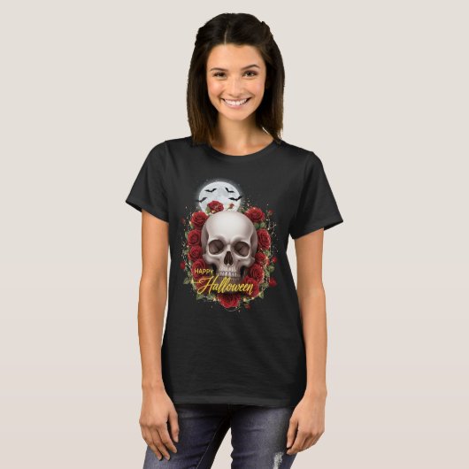 Romantische schedel en Rozen Halloween Night T-shirt (Voorkant volledig)