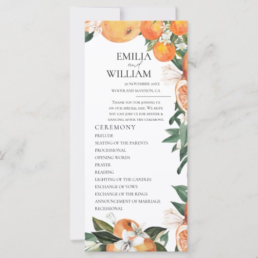 Romantische Sinaasappels Wedding Ceremony Programm (Voorkant)