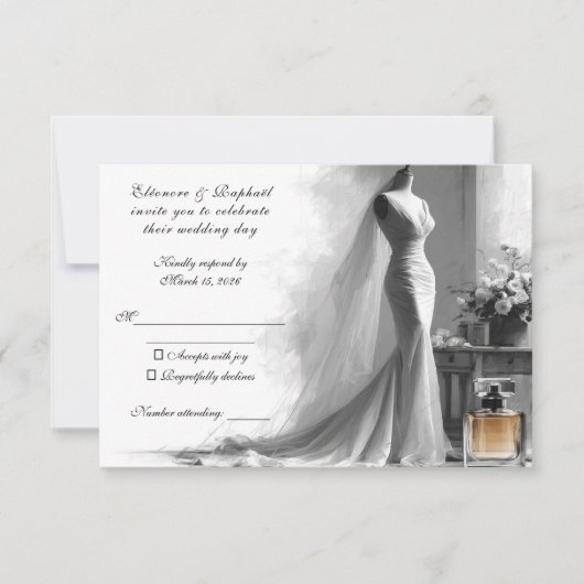 Romantische Sketch RSVP-kaart - Elegante  bruid RSVP Kaartje (Voorkant)
