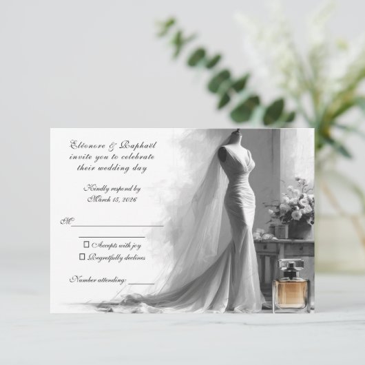 Romantische Sketch RSVP-kaart - Elegante  bruid RSVP Kaartje (Staand voorkant)