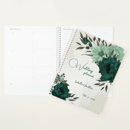 Romantische smaragd & zachte groene bloemenbruilof planner (Display)