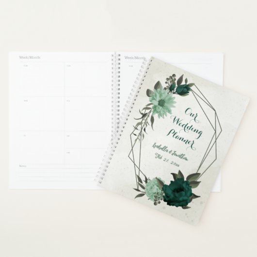 Romantische smaragd & zachte groene bloemenbruilof planner (Display)