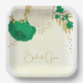 Romantische smaragdgroen en gouden witte bloemen papieren bordje (Voorkant)