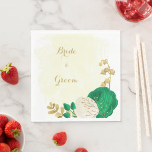 Romantische smaragdgroen en gouden witte bloemen servet
