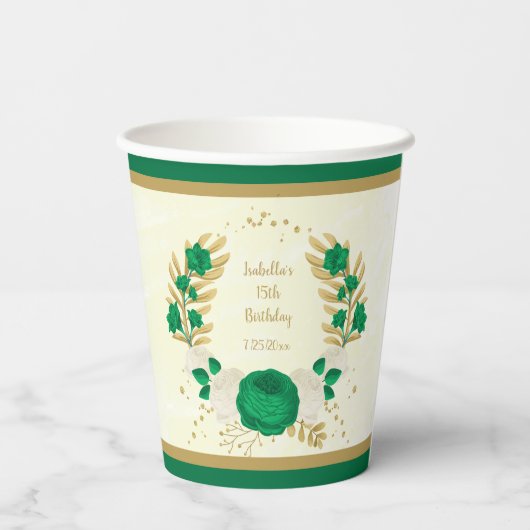 Romantische smaragdgroene en witte bloemen gouden papieren bekers (Achterkant)