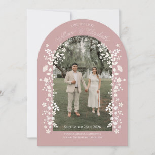 Romantische Stof Roze Bloemenboog Save the Date Kaart