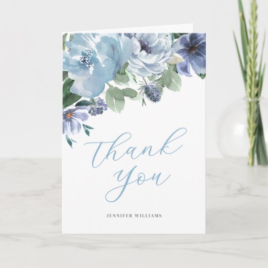 Romantische stoffige blauwe bloem bruiloft feest bedankkaart (Voorkant)