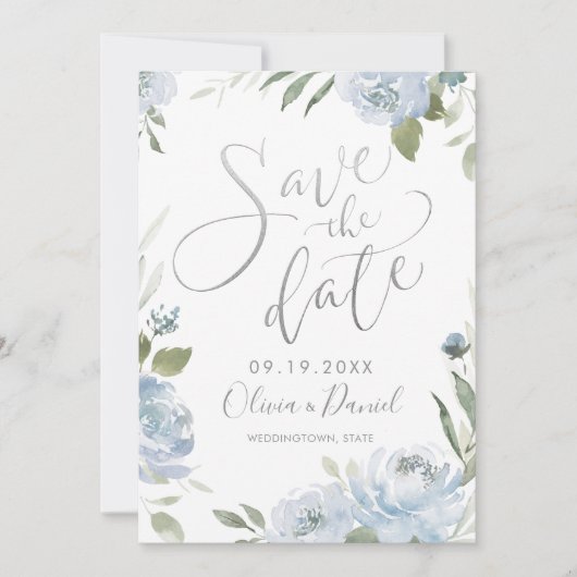 Romantische stoffige blauwe kalligrafie save the d save the date (Voorkant)