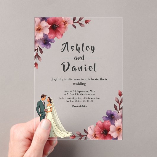 Romantische stoffige bloemenbruid en bruidegom chi acryl uitnodigingen (Insitu (Draagbaar))