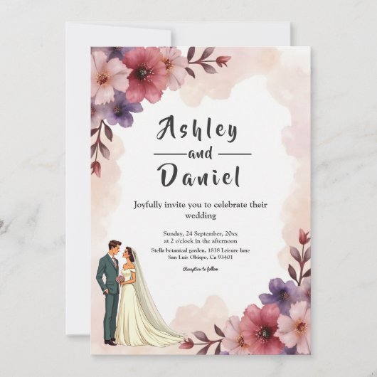 Romantische stoffige bloemenbruid en bruidegom chi kaart (Voorkant)