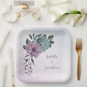 Romantische stoffige paarse en blauwe bloemen papieren bordje