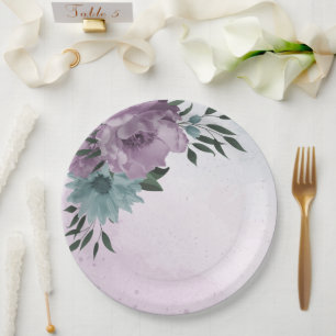 Romantische stoffige paarse en blauwe bloemen papieren bordje