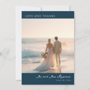 Romantische strandfoto in navyblauw bedankkaart